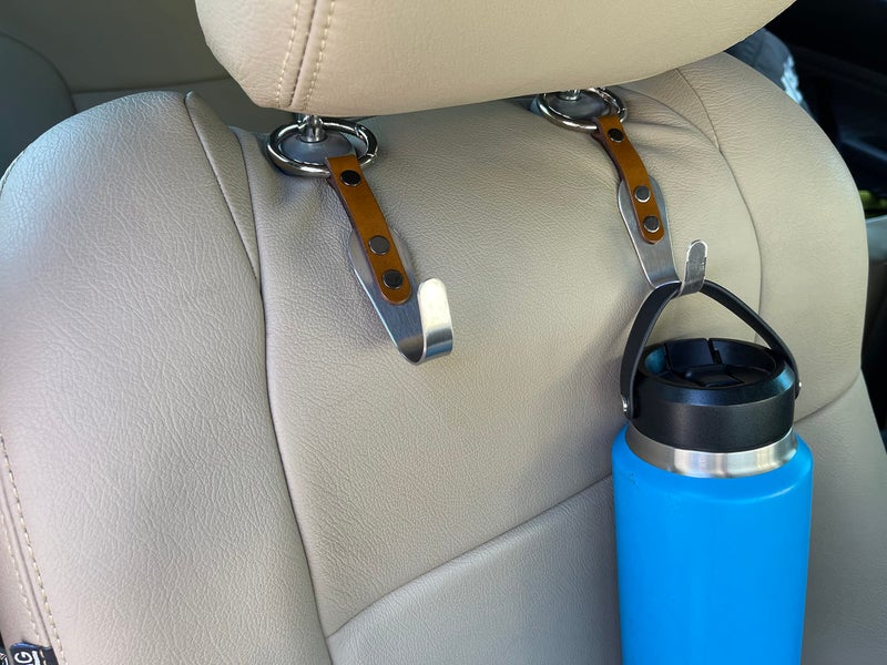 IQ Labs Headrest Hook Car Bag Back Seat for Car 2 Pack Rustic Brown Back Seat Organizer Purse Hook Hanger Premium Leather Stainless Steel Car Seat Head Rest Storage Organizer Universal For Handbag Purses - Image 4